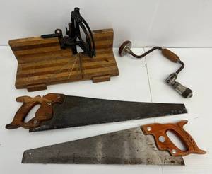 lot 59 image: Group Of Misc. Antique Hand Tools Including Perfection Brand Butcher Block Miter Box