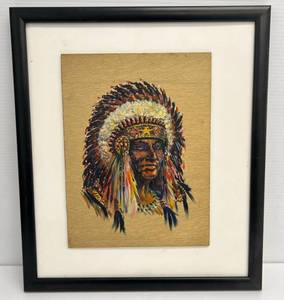 lot 128 image: Framed Unknown Artist Oil Painting Of Indian Chief On Board 17 12 x 15 14