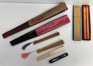lot 154 image: Group Of Vintage Asian Folding Fans And Two Sets Of Chopsticks