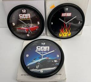 lot 161 image: Three Mancave Clocks 2 Car Craft Loud.Fast.Real And 1 Hot Rod Magazine