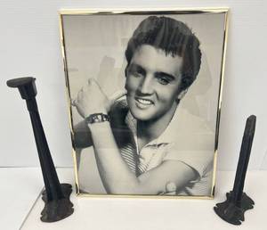 lot 203 image: Framed Picture Of Elvis 20 x 16 And Cast Iron Cobblers Tools