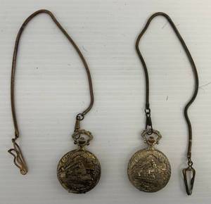 lot 210 image: Two Decorative pocket Watches One Burlington Northern And One Henry V Both Have Tain Engine Design On Front (Both Work)