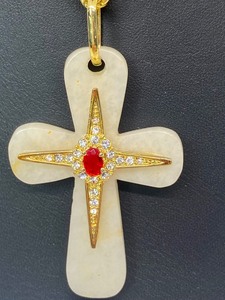 lot 51 image: JBK Gold Tone and Quartz Cross Pendant Triple Strand Necklace