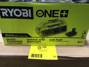 lot 55 image: RYOBI ONE 18V 6-Port Dual Chemistry IntelliPort SUPERCHARGER with USB Port and 2.0 Ah Battery Customer Returns See Terms on Auction