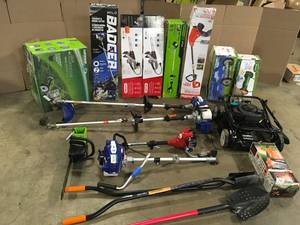 Mix lot of outdoor tools, Lawn cutters, Shovels, Electric chainsaws- review all pictures, customer returns