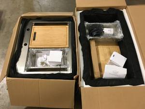lot 9 image: Lot of 2 Different Glacier Bay Zero Radius Farmhouse Apron-Front 18G Stainless Steel 36 in. Single Bowl Workstation Kitchen Sink, Spring Neck Faucet- Review all pictures
