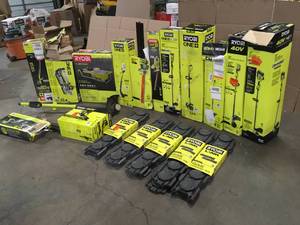 lot 22 image: Mix lot of Ryobi Tools, String Trimmers, Tile Saw, Storage  - review all pictures - Customer Returns