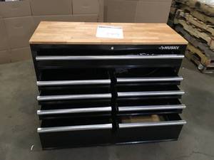 lot 25 image: Husky 46 in. W x 18 in. D 9-Drawer Black Mobile Workbench Cabinet- Review all pictures - open box