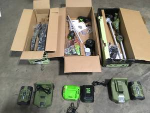 lot 27 image: Green Machine 62V Cordless Battery 16in. String Trimmer Cut Swath Brushless Motor with Auto-wind spool and 2.5 Ah Battery and Charger, Other tools - Review all pictures