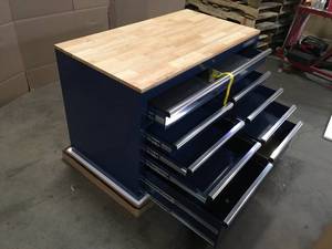 lot 28 image: Husky 46 in. W x 24.5 in. D Standard Duty 9-Drawer Mobile Workbench Tool Chest with Solid Wood Top in Gloss Blue - Review all pictures