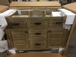 lot 39 image: Home Decorators Collection Stanhope 49 in. Reclaimed Oak Single Vanity with Crystal White Engineered Stone Vanity Top and Undermount Sink- Open Box - review all pictures