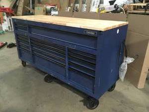 Husky 72 in. 18-Drawer Mobile Workbench with Adjustable-Height Solid Wood Top in Matte Blue Review all pictures
