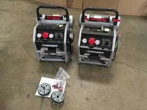 Husky 4.5 Gal. Portable Electric-Powered Silent Air Compressor- Lot of 2 - Review all pictures