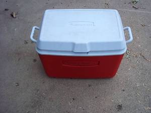 lot 357 image: red Rubbermaid cooler...