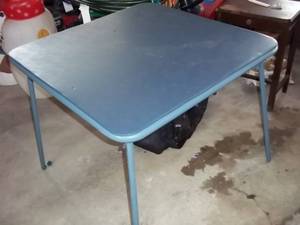 lot 389 image: Blue metal folding card table with ...