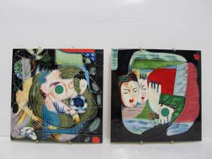 lot 73 image: Pair of Abstract Cubist Style Art Pottery Tiles
