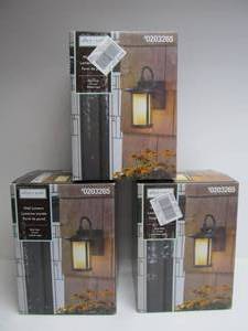 lot 169 image: Matching Lot of 3 Brand New Allen & Roth IndoorOutdoor Wall Lanterns