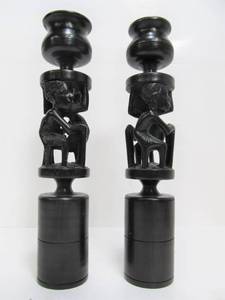 lot 114 image: Pair of African Carved Wood Figural Candle Holders