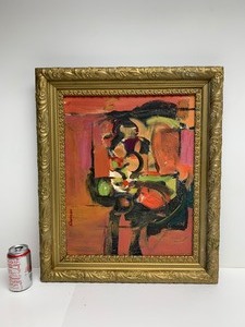 lot 308 image: Old Vintage Framed Signed AbstractCubist Painting on Canvas - Signed Sherman