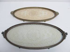 lot 239 image: 2 Antique Silver Plated & Brass Trays wEarly Hand Made Doilies