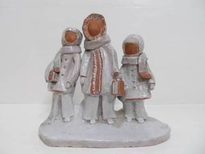 lot 274 image: Vintage Terracotta Three Winter Dressed Children Sculpture Signed S.C. 8