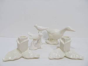 lot 295 image: Mid Century RED WING Art Pottery Candle Holder Set Birds & Goose Figurines