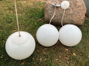 lot 367 image: Set of 3 Mid Century Hanging White Glass Orb Lights