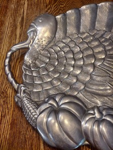 lot 370 image: LARGE Signed GORHAM Metal Serveware Thanksgiving or Christmas Turkey Platter