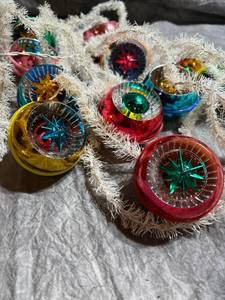 Vintage Plastic Molded Ornaments & White Bristle Garland