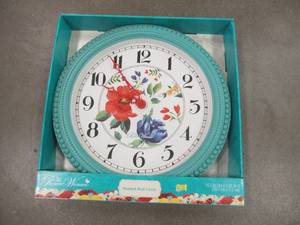 lot 517 image: The Pioneer Woman 15 12 Beaded Wall Clock With Floral Patterned Face - SOLD AS IS