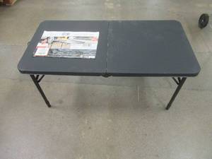 lot 526 image: Mainstays 40 x 20 x  17.71 - 28.03 Adjustable Rectangular Folding Table, Rich Black, - Scratch and Dent, SOLD AS IS