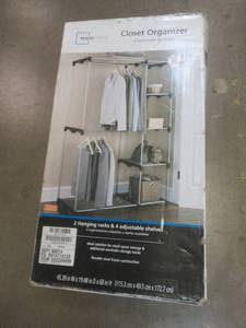 lot 659 image: Mainstays Steel Closet Organizer With 2 Hanging Racks and 4 Adjustable Shelves - Open Box - SOLD AS IS.