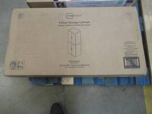 lot 706 image: Mainstays 4-Door Storage Cabinet, Dimensions 21.3 x 15.6 x 60, In Black Oak - Slight Packaging Damage, SOLD AS IS