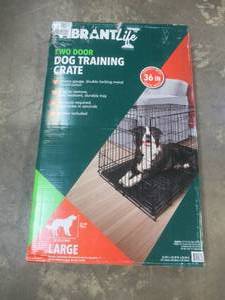 lot 712 image: Vibrant Life 36 x 22 x 25 Double-Door Foldable Metal Wire Dog Crate with Divider - SOLD AS IS