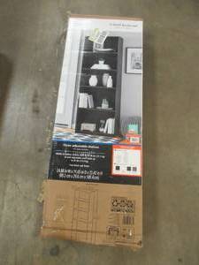 lot 727 image: Mainstays 5-Shelf Bookcase with Adjustable Shelves, True Black Oak, 24.88 x 11.65 x 71.42 - Open Box, SOLD AS IS