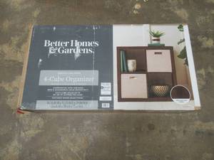 lot 732 image: Better Homes & Gardens 4-Cube Storage Organizer, Tobacco Oak, 30.16 W x 15.35 D x 29.84 H - Open Box, SOLD AS IS