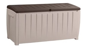 lot 542 image: Keter Novel Outdoor 90 Gallon Plastic Deck Box, 1 Of the Long Panels is Cracked (See Photo) - For PartsRestore - SOLD AS IS