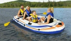 lot 597 image: Pathfinder 4 Person Inflatable River Raft Boat With Pump and Oars - USED Small Leak - SOLD AS IS