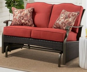 lot 702 image: Better Homes And Gardens Providence Cushions Steel Outdoor Loveseat (Red), OPEN BOX, SOLD AS IS