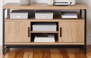 lot 724 image: Better Homes & Gardens Jace Industrial Wood Rectangle Media Console for TVs up to 55 in, Natural Oak, OPEN BOX - SOLD AS IS