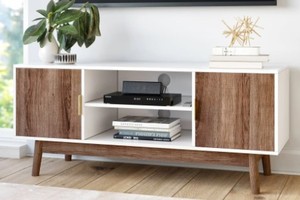lot 731 image: Nathan James Wesley Scandinavian TV Stand Media Console with White Frame and Rustic Oak Cabinet Doors 43.3 x 15.3 x 18.511 - Open Box, SOLD AS IS