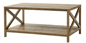 lot 742 image: Mainstays Farmhouse Wood X Design Rectangle Coffee Table, Rustic Weathered Oak, OPEN BOX, SOLD AS IS.