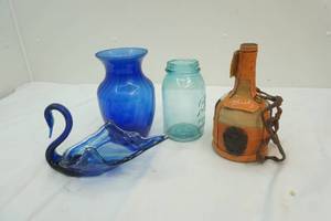 lot 252 image: Cowhide Whiskey Bottle, Glass Swan, Vase