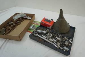 lot 341 image: Ratchet, Sockets, Funnel, Tire repair kit, & Hardware