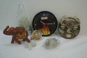 lot 367 image: Hotrod Clock, Deer Decor, Elephant Statue, Salt Shakers, Humidity meter
