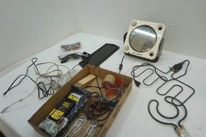 lot 404 image: Conair Swiveling Mirror, Heating Elements, Solar Panel and misc. light bulbs, bungies, etc.