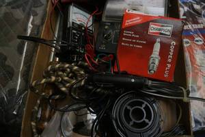 lot 405 image: Electric Meters, various cords, spark plugs