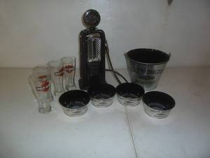 lot 34 image: Harley Davidson Gas Pump Dispenser & Glasses