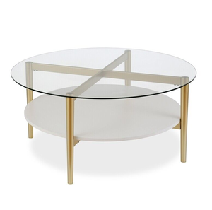 Henn&Hart Mid-Century Brass Metal Round Coffee Table with White Lacquer Shelf