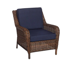 Hampton Bay Cambridge Brown Wicker Outdoor Patio Lounge Chair with CushionGuard Midnight Navy Blue Cushions